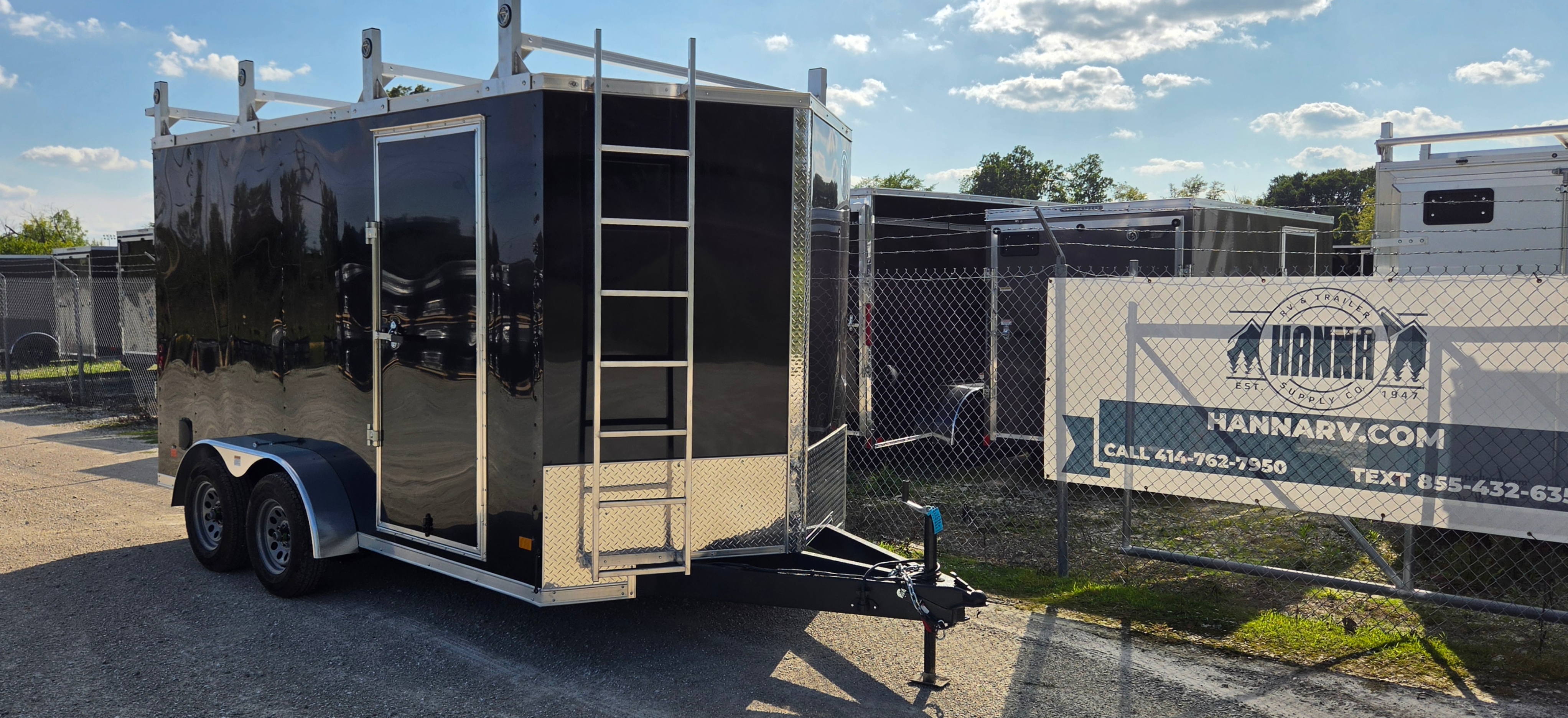 DarkHorse 7X14 Wedge Nose Tandem Axle Steel Contractor Cargo Trailer with Ramp Door, 12" Extra Height  and Translucent Roof- 2500 Series - Black
